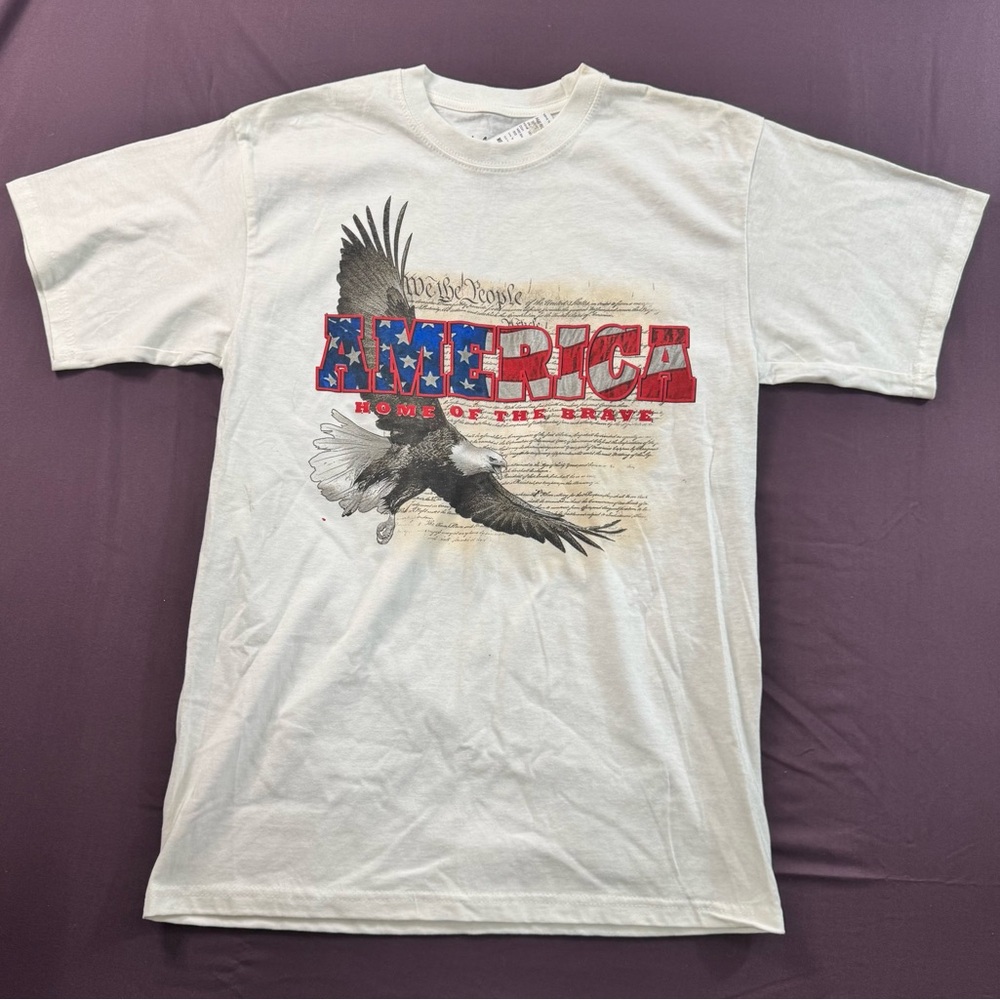 Sears White Short Sleeve Tee with Patriotic 'America' Eagle Graphic